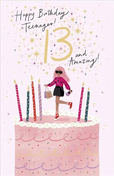 Birthday Card - Age 13th, Girl On Birthday Cake UK Greetings