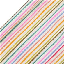 The Glick Wrapping Paper Roll - 4m Multi Bright Stripe has diagonal stripes in vibrant green, pink, blue, orange, and yellow on a light background. Its uneven lines create a playful pattern, ideal for any cheerful occasion!.