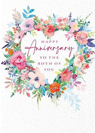 The Ling Design General Anniversary - Floral Heart card features colorful floral wreath framing elegant script text Happy Anniversary to the Both of You on a textured white background, making it an ideal celebratory gift.