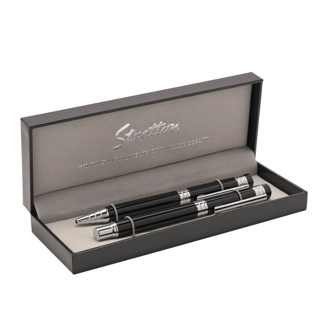 Stratton Ballpoint Pen & Rollerball Pen Set - Black Widdop & Co